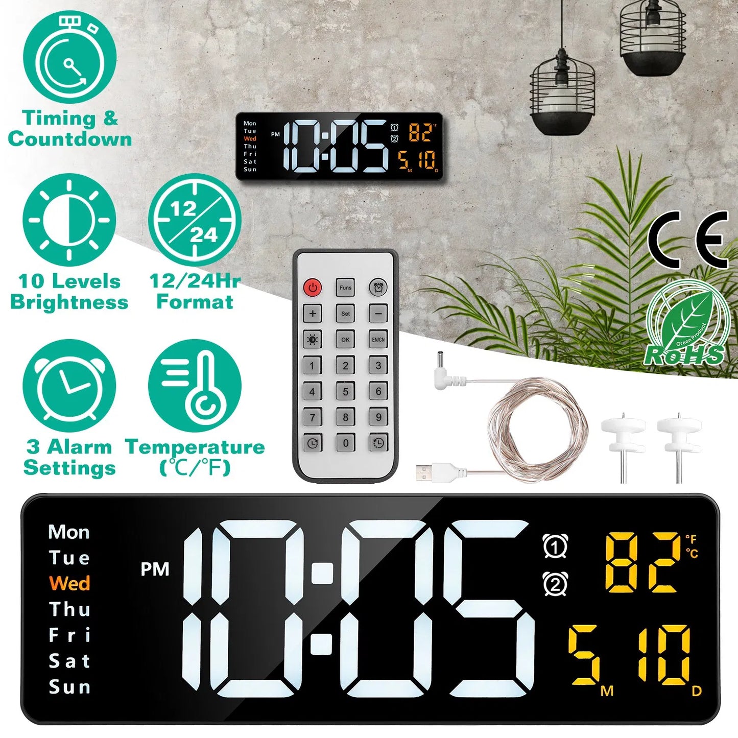 15.7in LED Digital Wall Clock With Remote Control 10 Level Brightness 3 Alarm Settings 12 24Hr Format Timing Countdown Temperature Calendar Display Decorative Clock For Office Home