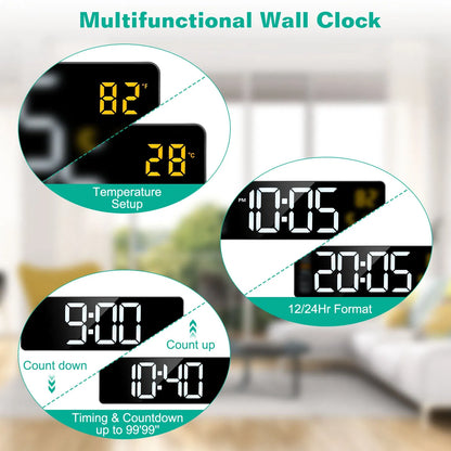15.7in LED Digital Wall Clock With Remote Control 10 Level Brightness 3 Alarm Settings 12 24Hr Format Timing Countdown Temperature Calendar Display Decorative Clock For Office Home