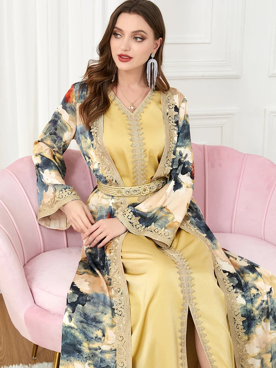 Morocco Muslim Abaya Dress 2 Piece Set with Embroidery