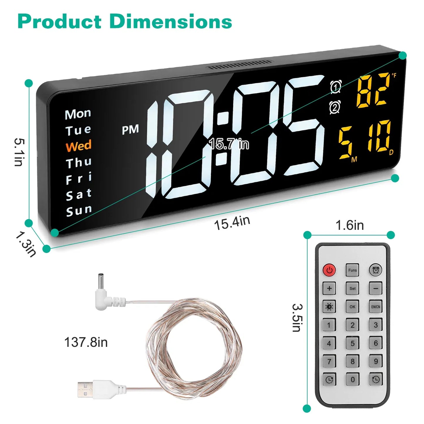 15.7in LED Digital Wall Clock With Remote Control 10 Level Brightness 3 Alarm Settings 12 24Hr Format Timing Countdown Temperature Calendar Display Decorative Clock For Office Home