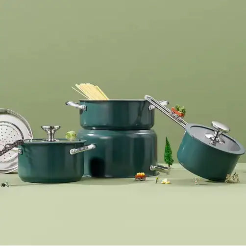 4pcs Stainless Steel Ceramic Coated Pot Set, Including 1 Milk Pot, 2 Stockpots, 1 Non-stick Pan, 4 LIDS And 1 Steamer Green