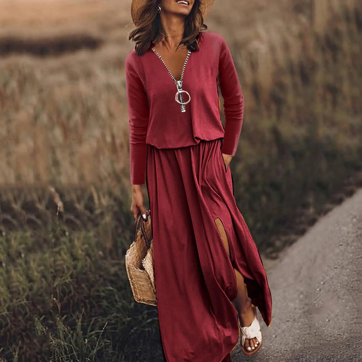 Women's Zipper Dress with Letter Printing Design