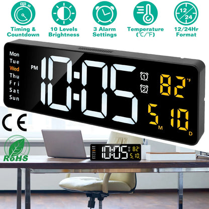 15.7in LED Digital Wall Clock With Remote Control 10 Level Brightness 3 Alarm Settings 12 24Hr Format Timing Countdown Temperature Calendar Display Decorative Clock For Office Home
