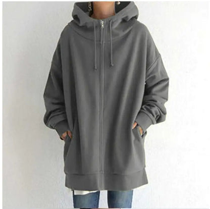 Oversized S-5XL Women Loose Hooded Coats Autumn Female Tie Collar Long Sleeve Zipper Up Add Velvet Long Sweatshirt