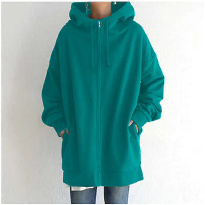 Oversized S-5XL Women Loose Hooded Coats Autumn Female Tie Collar Long Sleeve Zipper Up Add Velvet Long Sweatshirt