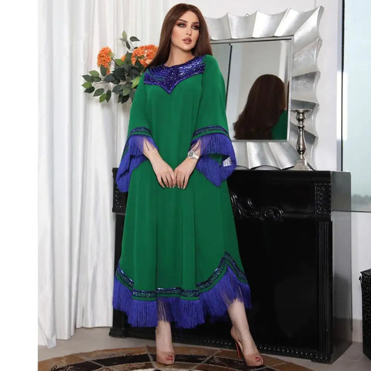 Morocco Women's Sequin Tassel Muslim Abaya Kaftan Dress