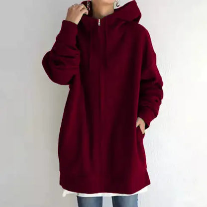 Oversized S-5XL Women Loose Hooded Coats Autumn Female Tie Collar Long Sleeve Zipper Up Add Velvet Long Sweatshirt