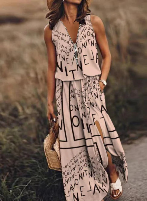 Women's Zipper Dress with Letter Printing Design