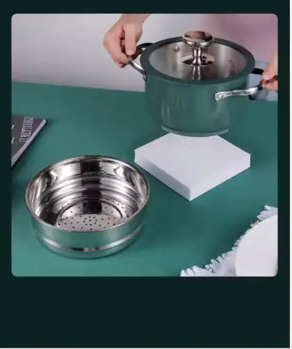 4pcs Stainless Steel Ceramic Coated Pot Set, Including 1 Milk Pot, 2 Stockpots, 1 Non-stick Pan, 4 LIDS And 1 Steamer Green