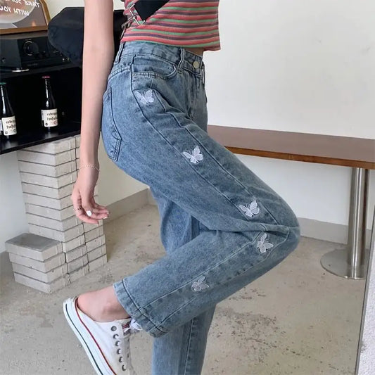 Butterfly Embroidered Loose Fit Straight Jeans for Women