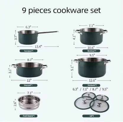 4pcs Stainless Steel Ceramic Coated Pot Set, Including 1 Milk Pot, 2 Stockpots, 1 Non-stick Pan, 4 LIDS And 1 Steamer Green