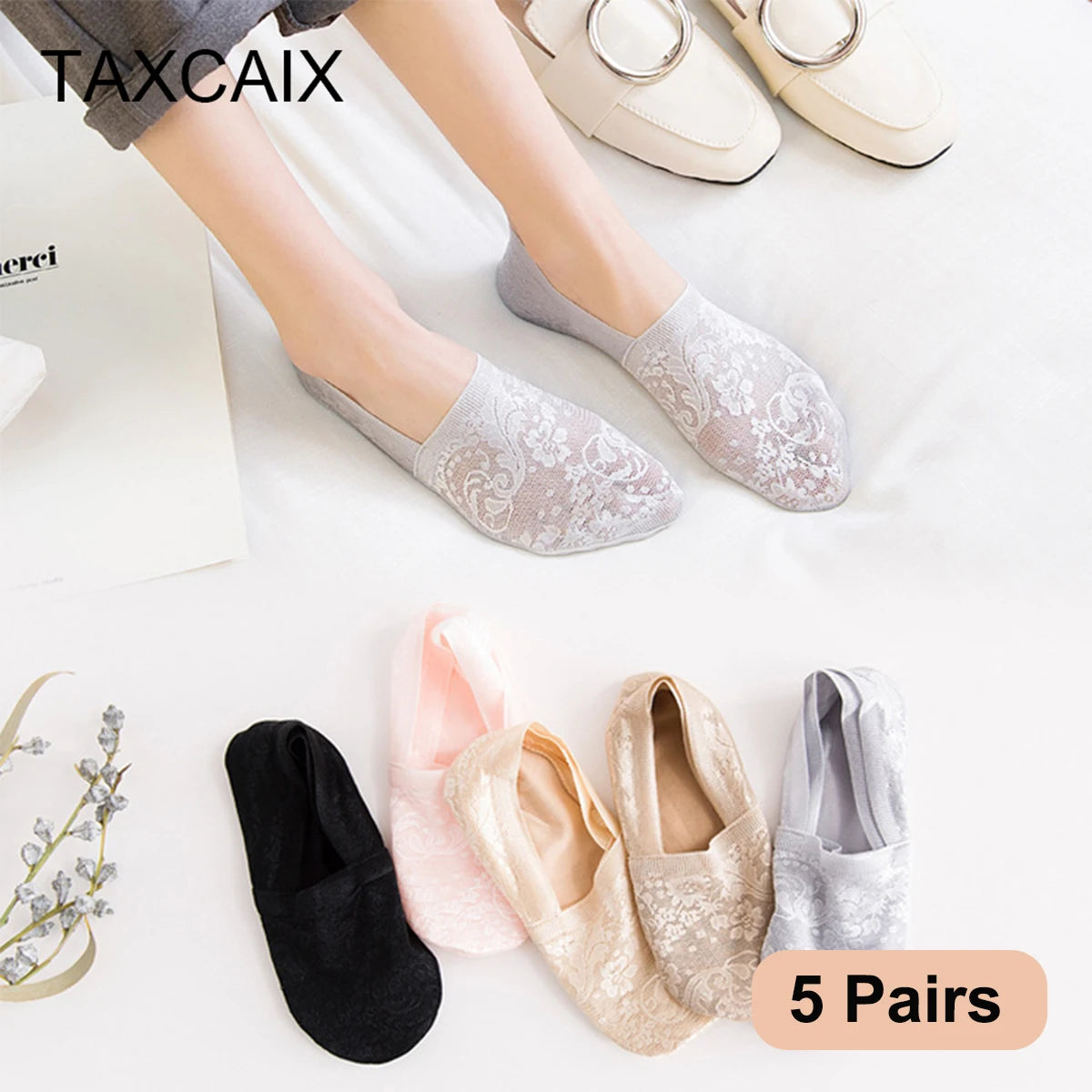 Fashion No-Show Socks – Lace Edge & Non-Slip Comfort!