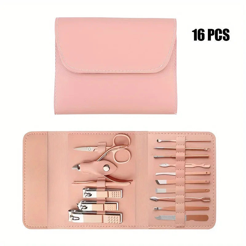 16pcs Professional Nail Clippers Set Stainless Steel - Manicure Pedicure Kit with Travel Case