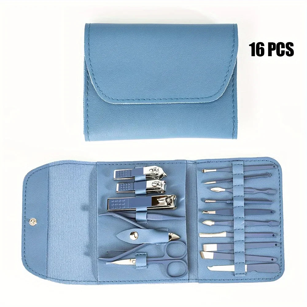 16pcs Professional Nail Clippers Set Stainless Steel - Manicure Pedicure Kit with Travel Case