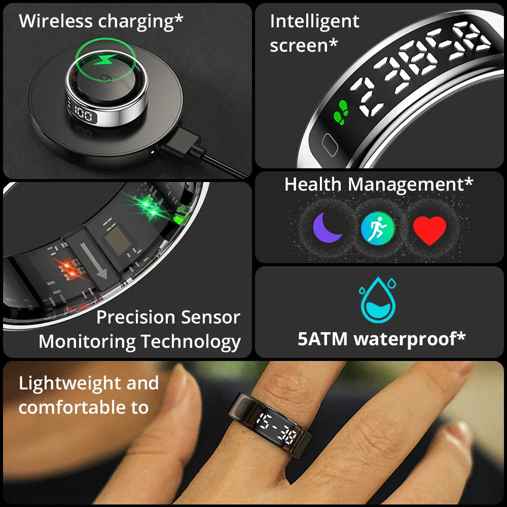 SMART HEALTH MONITOR RING WITH DISPLAY | SMART ACCESSORY WITH TOUCH SCREEN, WIRELESS CHARGING, HEART RATE & SLEEP TRACKING, 5ATM WATERPROOF DESIGN AND ULTRA-LIGHT COMFORT FIT