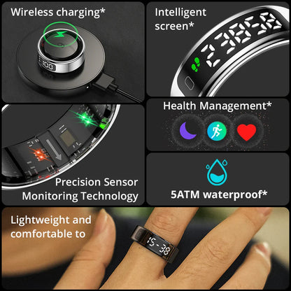 SMART HEALTH MONITOR RING WITH DISPLAY | SMART ACCESSORY WITH TOUCH SCREEN, WIRELESS CHARGING, HEART RATE & SLEEP TRACKING, 5ATM WATERPROOF DESIGN AND ULTRA-LIGHT COMFORT FIT