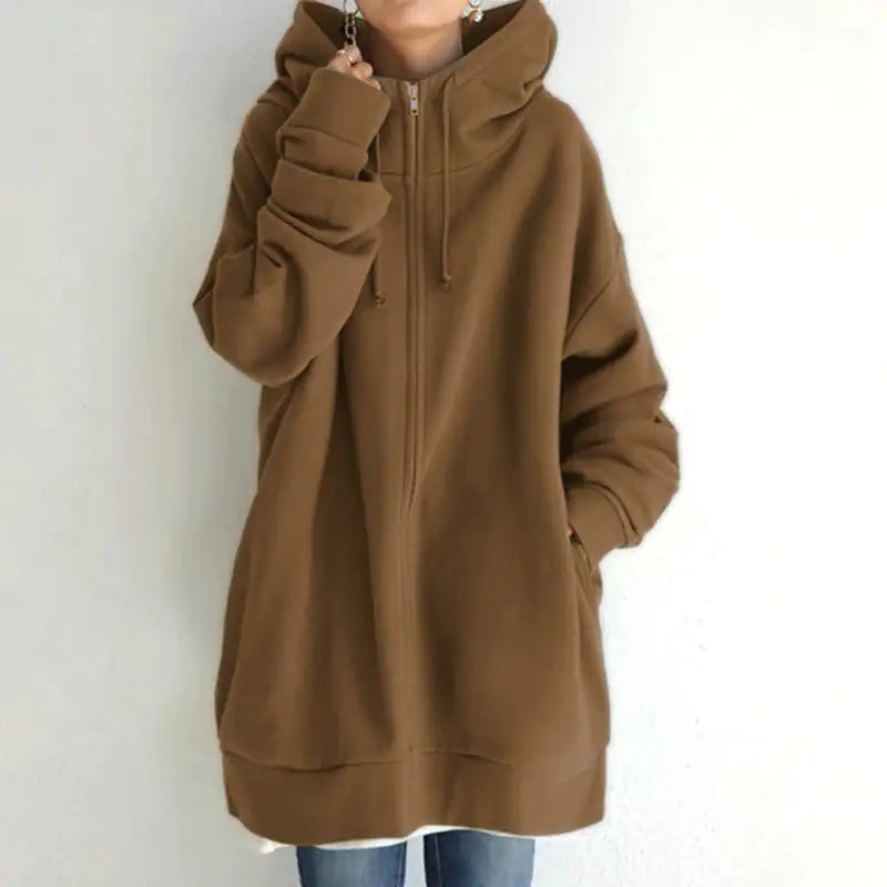 Oversized S-5XL Women Loose Hooded Coats Autumn Female Tie Collar Long Sleeve Zipper Up Add Velvet Long Sweatshirt