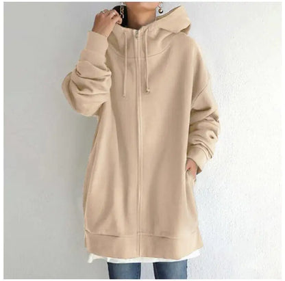 Oversized S-5XL Women Loose Hooded Coats Autumn Female Tie Collar Long Sleeve Zipper Up Add Velvet Long Sweatshirt