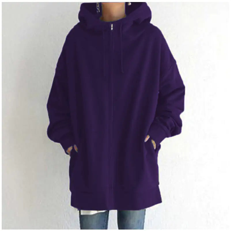 Oversized S-5XL Women Loose Hooded Coats Autumn Female Tie Collar Long Sleeve Zipper Up Add Velvet Long Sweatshirt