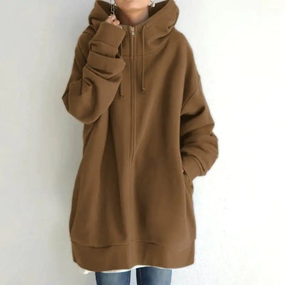 Oversized S-5XL Women Loose Hooded Coats Autumn Female Tie Collar Long Sleeve Zipper Up Add Velvet Long Sweatshirt