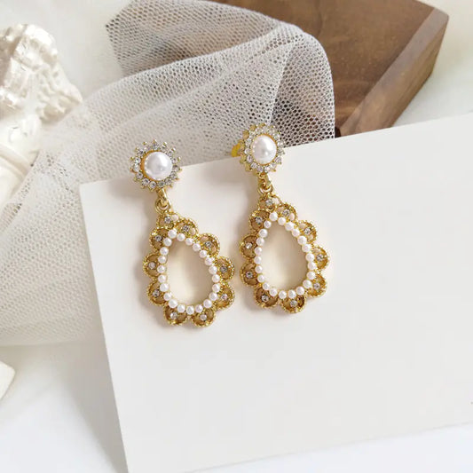 Vintage Minimalist Flower Pearl Drop Earrings S925 Silver