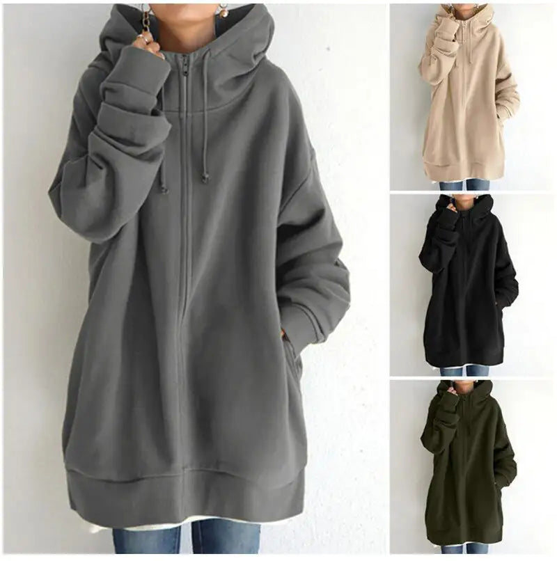 Oversized S-5XL Women Loose Hooded Coats Autumn Female Tie Collar Long Sleeve Zipper Up Add Velvet Long Sweatshirt