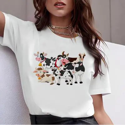 Cow Cartoon Print White Round Neck Short Sleeve T-Shirt