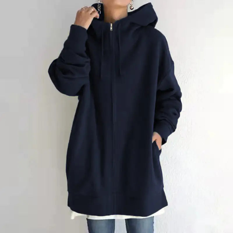 Oversized S-5XL Women Loose Hooded Coats Autumn Female Tie Collar Long Sleeve Zipper Up Add Velvet Long Sweatshirt