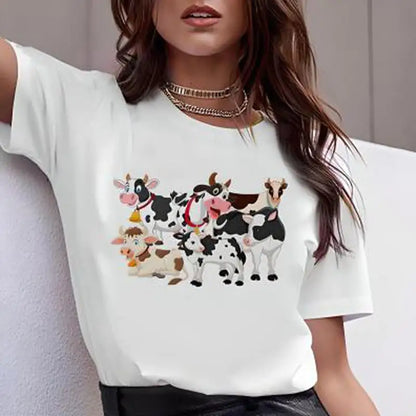 Cow Cartoon Print White Round Neck Short Sleeve T-Shirt